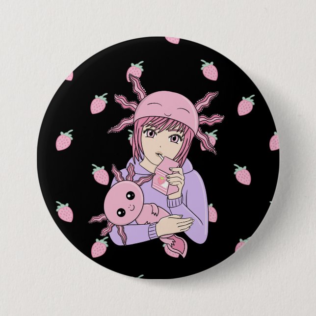 Kawaii Cute Axolotl Strawberry Milk Anime 7.5 Cm Round Badge (Front)