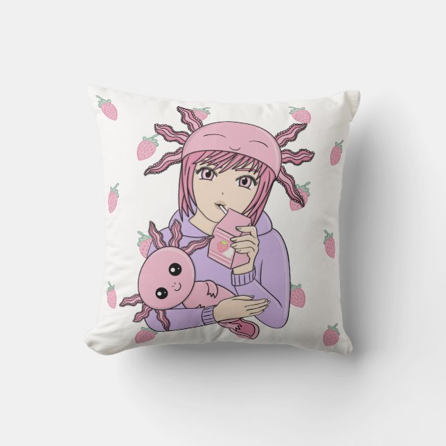 Kawaii Cute Axolotl Strawberry Milk Anime Cushion (Front)