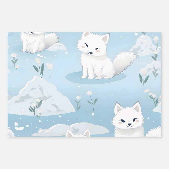 Kawaii Cute Baby Arctic Foxes Wrapping Paper Sheet (Front)