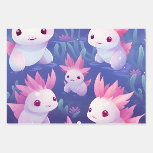Kawaii Cute Baby Axolotls Wrapping Paper Sheet