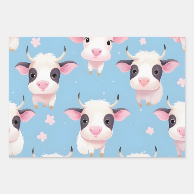 Kawaii Cute Baby Cows Wrapping Paper Sheet (Front)