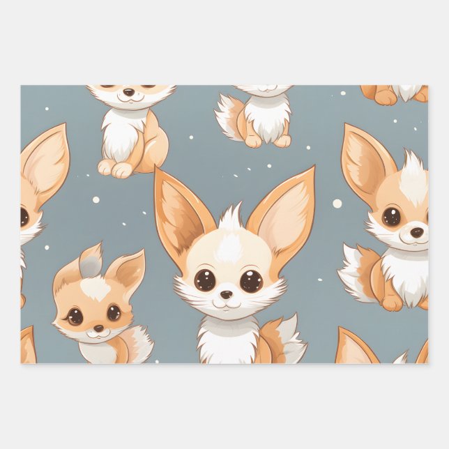 Kawaii Cute Baby Fennec Foxes Wrapping Paper Sheet (Front)