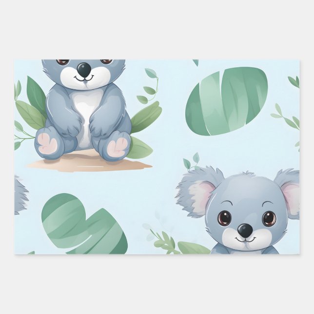 Kawaii Cute Baby Koala Bears Wrapping Paper Sheet (Front)