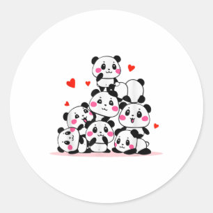 Kawaii Cute Baby Panda Pile With Red Hearts Valent Classic Round Sticker