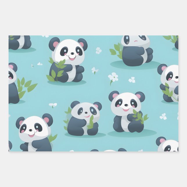 Kawaii Cute Baby Pandas Wrapping Paper Sheet (Front)