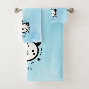 Kawaii cute Bear Face - Kawaii Minimalist Line Art Bath Towel Set