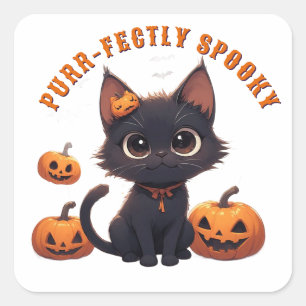 Kawaii Cute Black Cat Halloween 🎃 Square Sticker