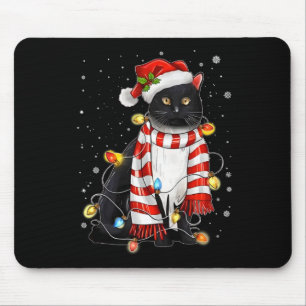 Kawaii Cute Black Cat Santa Tangled Up In Xmas Lig Mouse Mat
