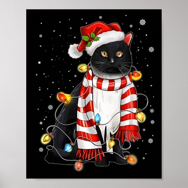 Kawaii Cute Black Cat Santa Tangled Up In Xmas Lig Poster (Front)