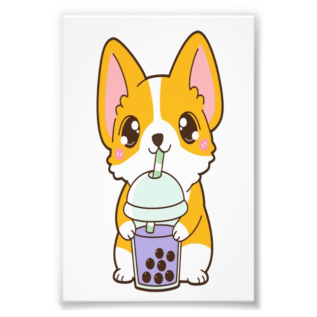 Kawaii Cute Boba Corgi Dog Taro Bubble Pearl Milk Photo Print (Front)