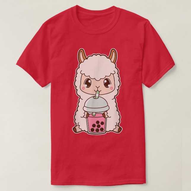 Kawaii Cute Boba Llama Alpaca Strawberry Bubble Mi T-Shirt (Design Front)