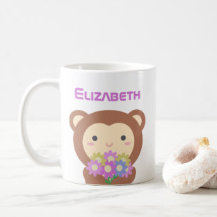 Kawaii Cute Cartoon Monkey Purple Pink Flowers Coffee Mug