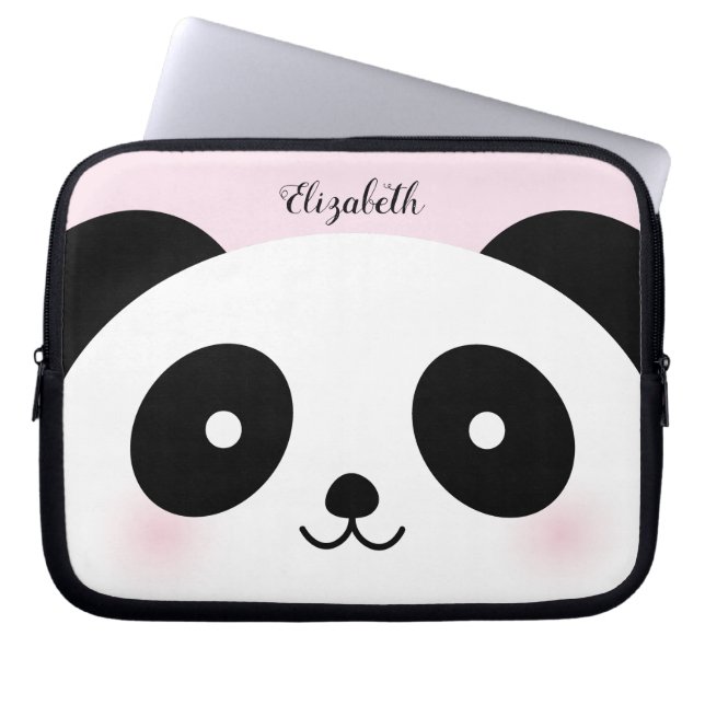 Kawaii Cute Cartoon Panda Bear Custom Name Pink Laptop Sleeve (Front)