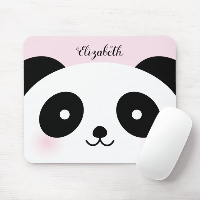 Kawaii Cute Cartoon Panda Bear Custom Name Pink Mouse Mat (With Mouse)