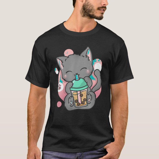 Kawaii Cute Cat Boba Bubble Milk Tea Anime Girls T T-Shirt (Front)