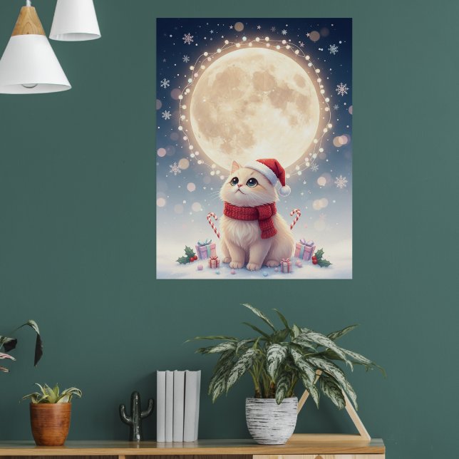 Kawaii Cute Cat Christmas With Moon Poster (Living Room 1)