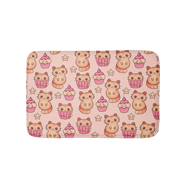 Kawaii Cute Cats and Cupcakes Pink Pattern Bath Mat (Front)