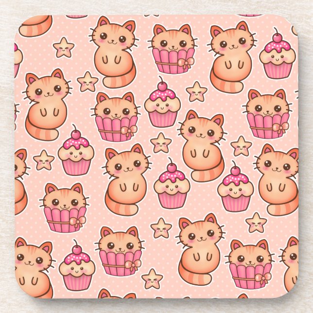 Kawaii Cute Cats and Cupcakes Pink Pattern Coaster (Front)