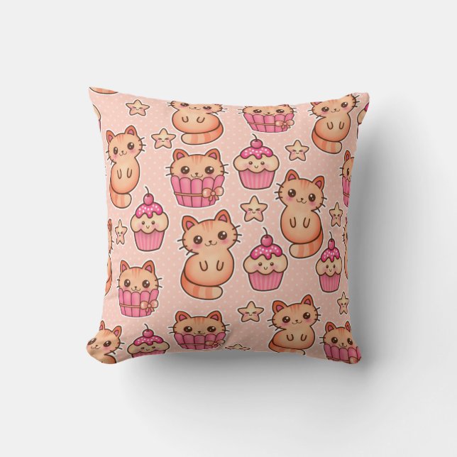 Kawaii Cute Cats and Cupcakes Pink Pattern Cushion (Front)