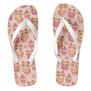 Kawaii Cute Cats and Cupcakes Pink Pattern Flip Flops