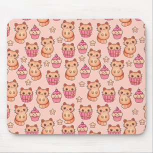 Kawaii Cute Cats and Cupcakes Pink Pattern Mouse Mat