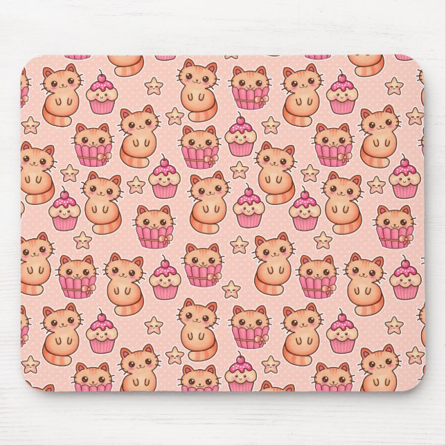 Kawaii Cute Cats and Cupcakes Pink Pattern Mouse Mat (Front)