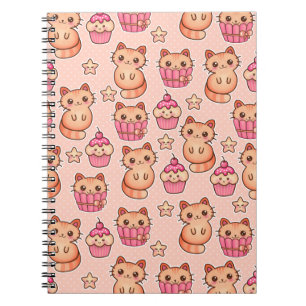 Kawaii Cute Cats and Cupcakes Pink Pattern Notebook
