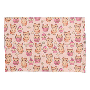Kawaii Cute Cats and Cupcakes Pink Pattern Pillowcase