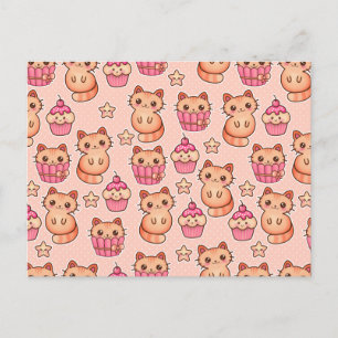 Kawaii Cute Cats and Cupcakes Pink Pattern Postcard