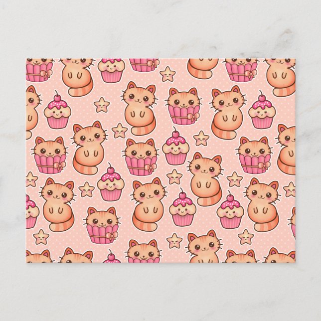 Kawaii Cute Cats and Cupcakes Pink Pattern Postcard (Front)