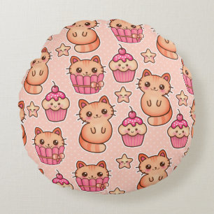 Kawaii Cute Cats and Cupcakes Pink Pattern Round Cushion