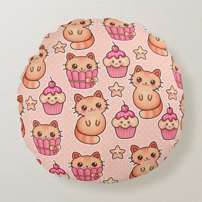 Kawaii Cute Cats and Cupcakes Pink Pattern Round Cushion (Front)