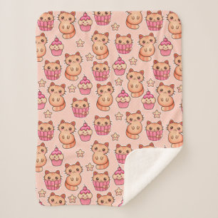 Kawaii Cute Cats and Cupcakes Pink Pattern Sherpa Blanket