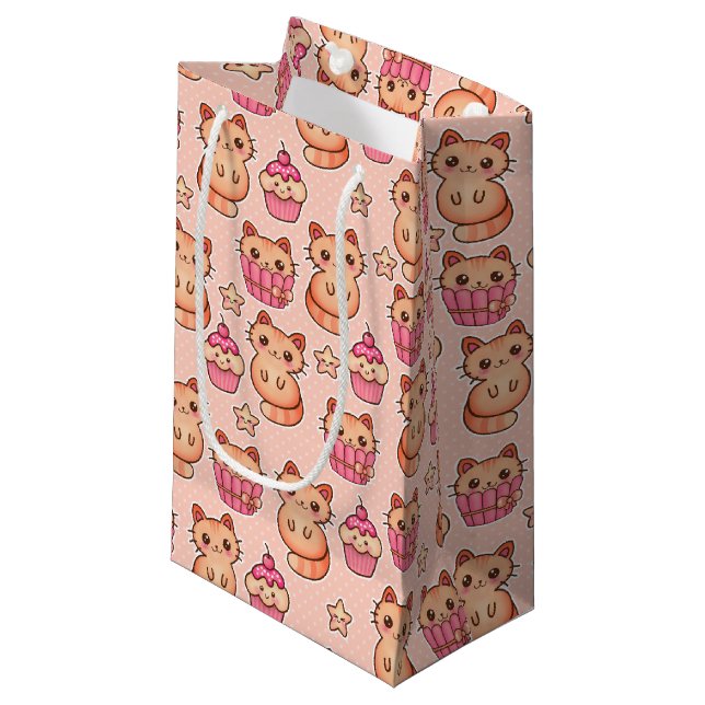Kawaii Cute Cats and Cupcakes Pink Pattern Small Gift Bag (Front Angled)