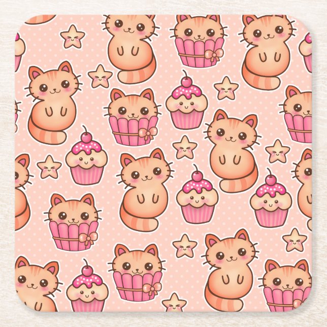 Kawaii Cute Cats and Cupcakes Pink Pattern Square Paper Coaster (Front)