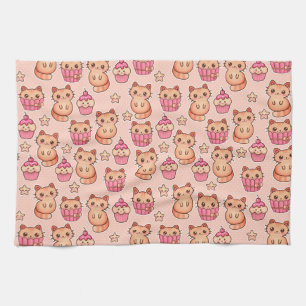 Kawaii Cute Cats and Cupcakes Pink Pattern Tea Towel