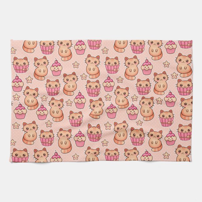 Kawaii Cute Cats and Cupcakes Pink Pattern Tea Towel (Horizontal)