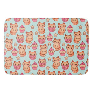 Kawaii Cute Cats Cupcakes Pink and Blue Pattern Bath Mat