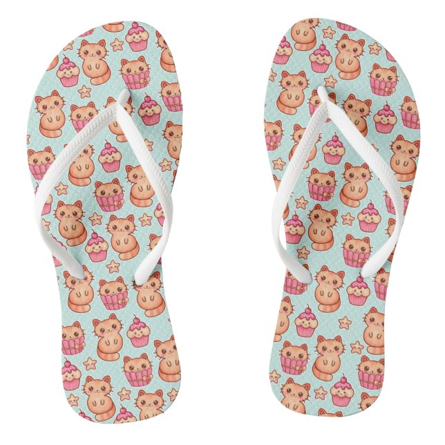 Kawaii Cute Cats Cupcakes Pink and Blue Pattern Flip Flops (Footbed)