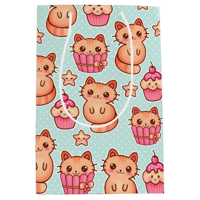 Kawaii Cute Cats Cupcakes Pink and Blue Pattern Medium Gift Bag (Front)