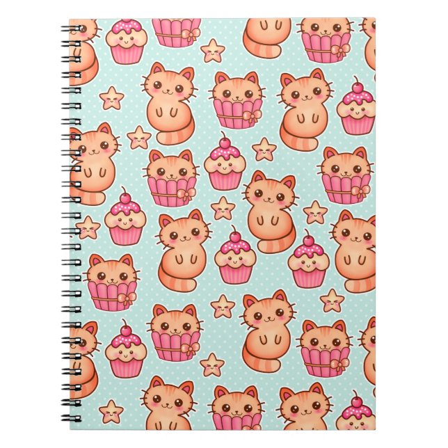 Kawaii Cute Cats Cupcakes Pink and Blue Pattern Notebook (Front)