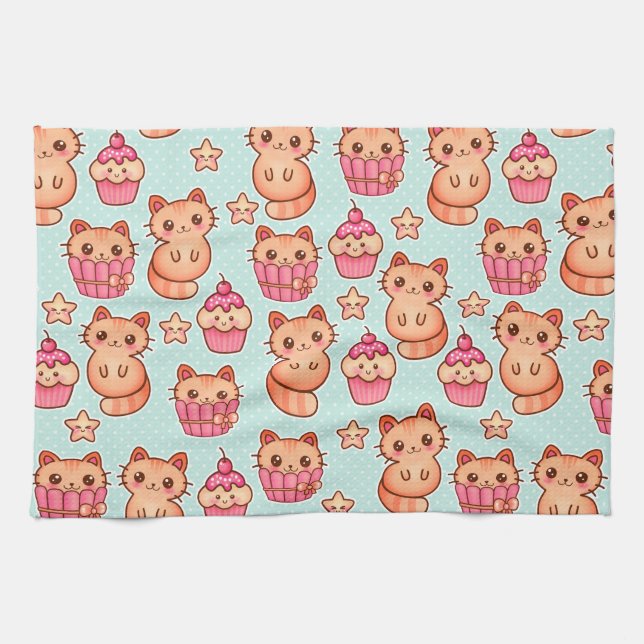Kawaii Cute Cats Cupcakes Pink and Blue Pattern Tea Towel (Horizontal)