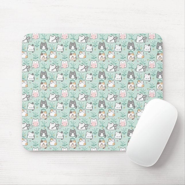 Kawaii Cute Cats & Flower Pattern Green Background Mouse Mat (With Mouse)
