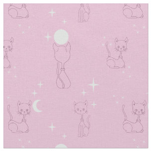 Kawaii Cute Cats Moon Stars Pink Pattern Fabric