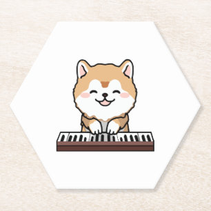 Kawaii Cute Dog Playing Piano Keyboard Paper Coaster