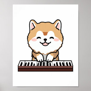 Kawaii Cute Dog Playing Piano Keyboard Poster