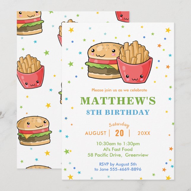Kawaii Cute Fast Food Burger Party Boy Birthday Invitation (Front/Back)
