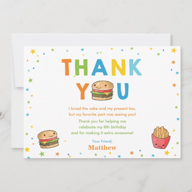 Kawaii Cute Fast Food Burger Party Boy Birthday Thank You Card (Front)