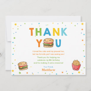 Kawaii Cute Fast Food Burger Party Boy Birthday Thank You Card