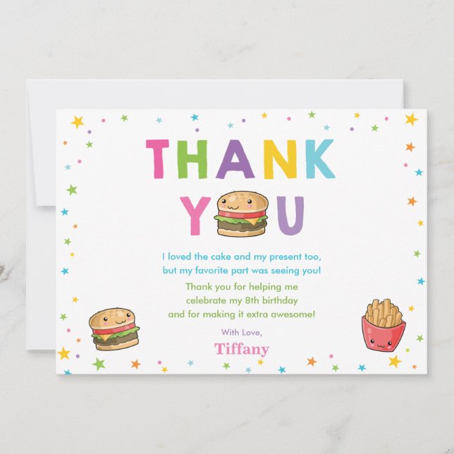 Kawaii Cute Fast Food Burger Party Girl Birthday Thank You Card (Front)